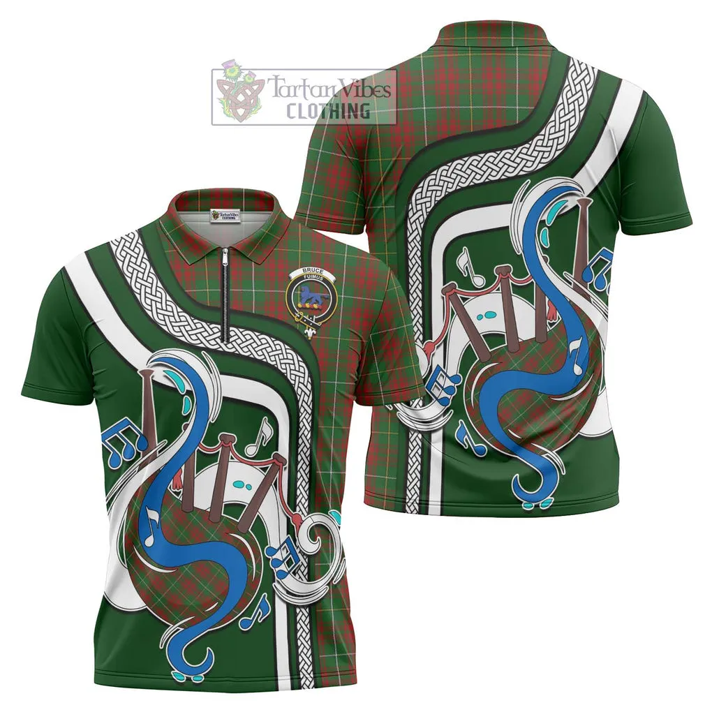 Bruce Hunting Tartan Zipper Polo Shirt with Epic Bagpipe Style