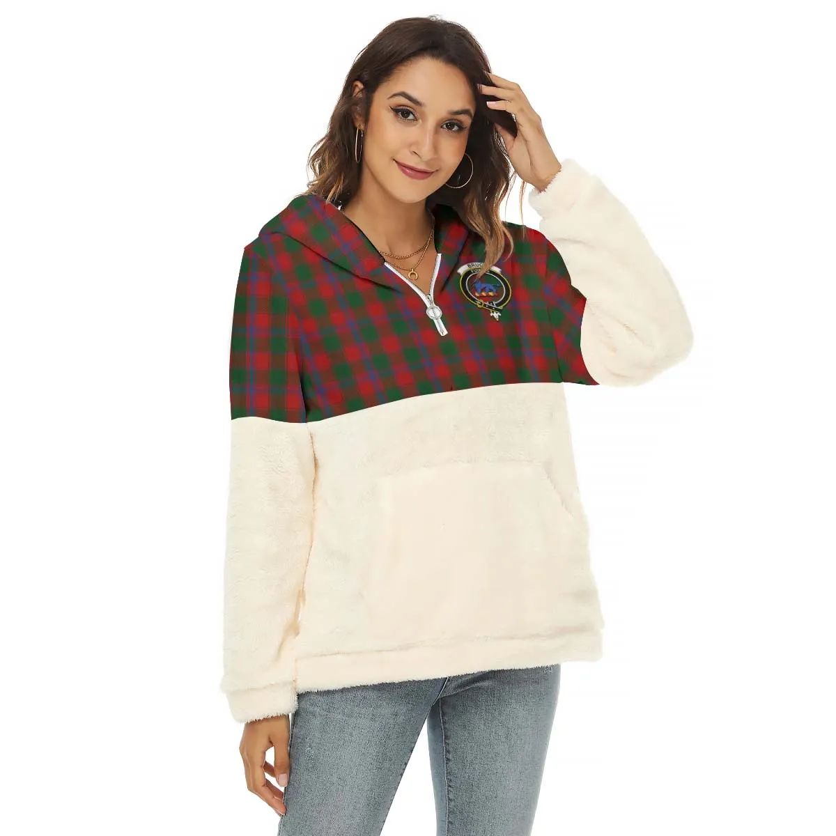 Bruce Old Tartan Women's Borg Fleece Hoodie With Half Zip with Family Crest