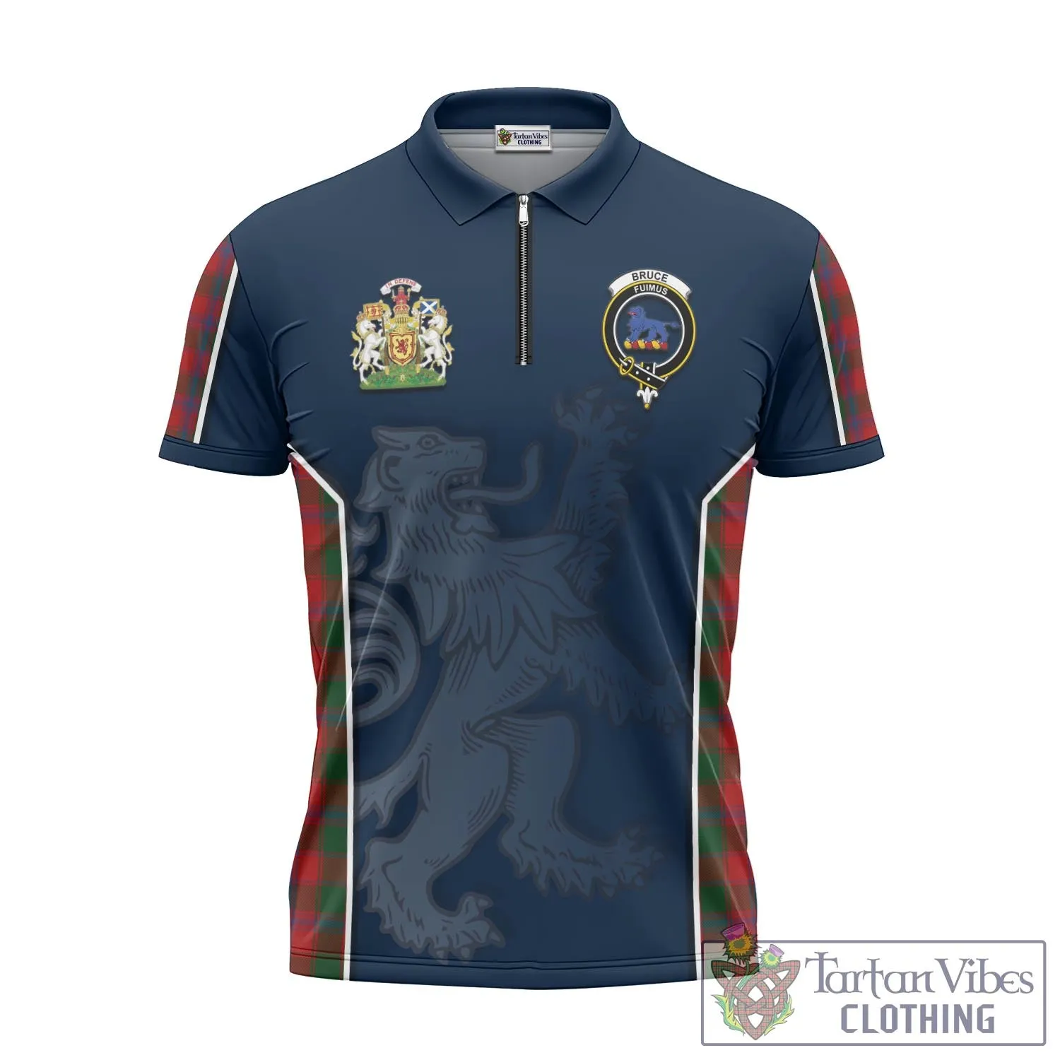 Bruce Old Tartan Zipper Polo Shirt with Family Crest and Lion Rampant Vibes Sport Style