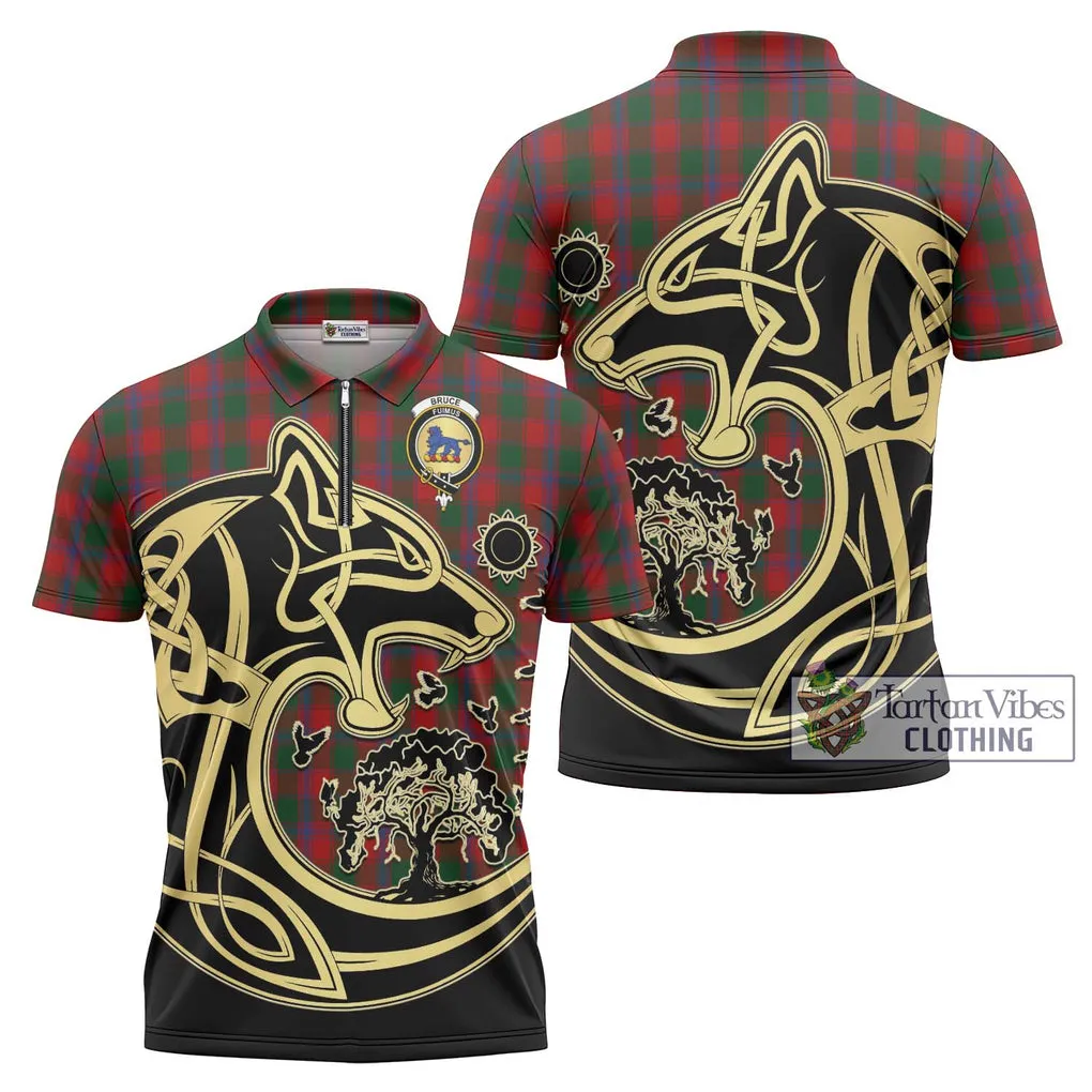 Bruce Old Tartan Zipper Polo Shirt with Family Crest Celtic Wolf Style