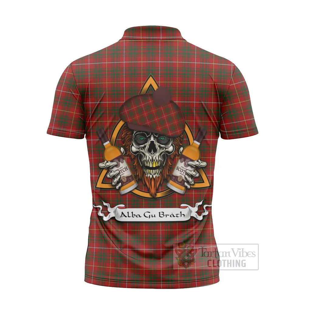 Bruce Tartan Zipper Polo Shirt with Family Crest and Bearded Skull Holding Bottles of Whiskey