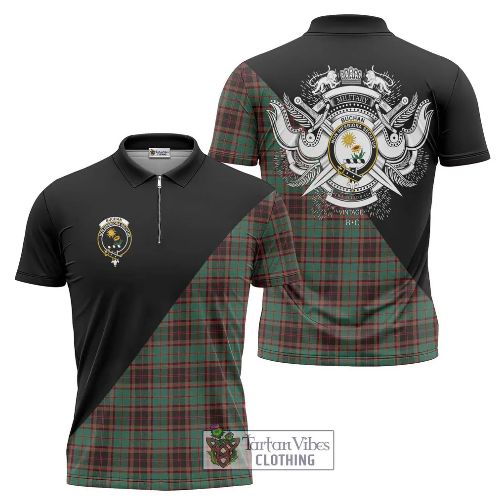 Buchan Ancient Tartan Zipper Polo Shirt with Family Crest and Military Logo Style