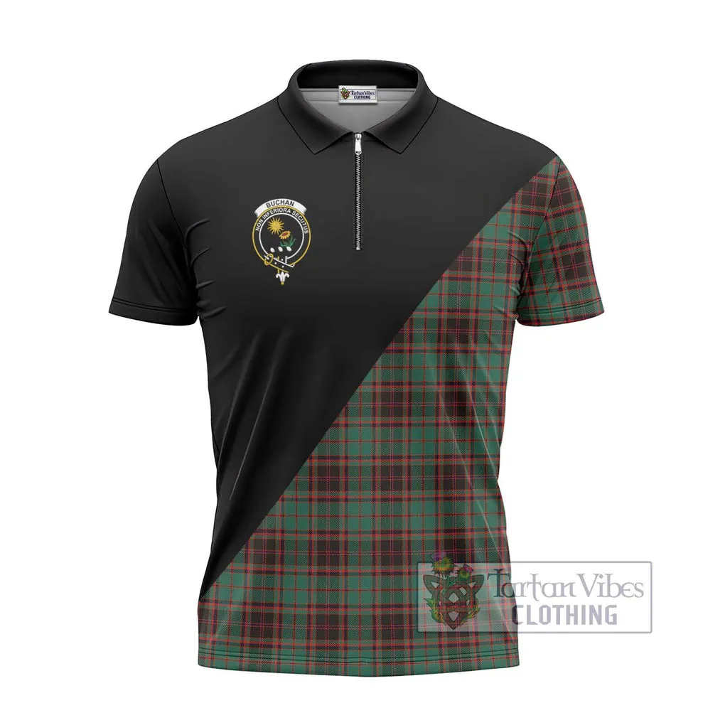 Buchan Ancient Tartan Zipper Polo Shirt with Family Crest and Military Logo Style