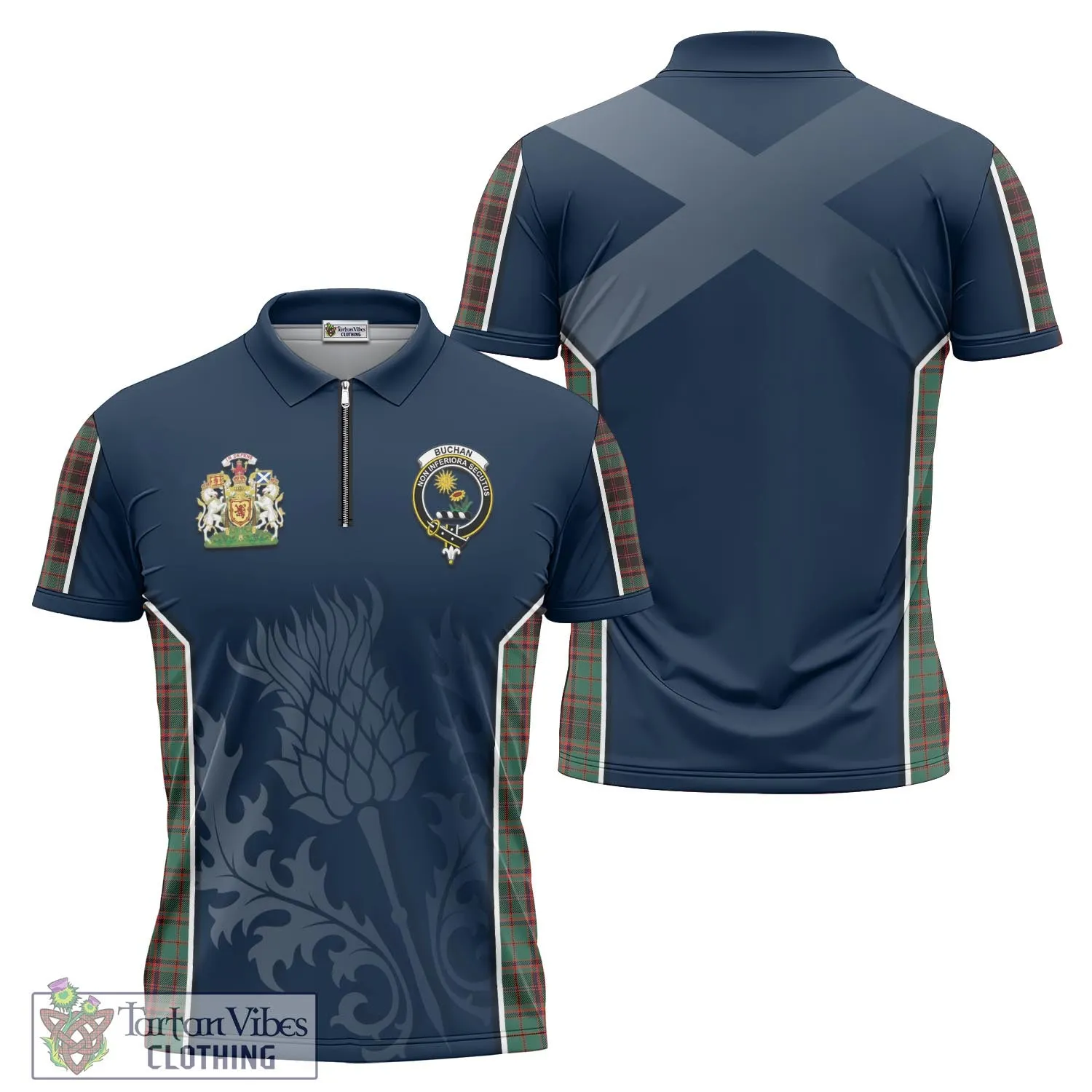 Buchan Ancient Tartan Zipper Polo Shirt with Family Crest and Scottish Thistle Vibes Sport Style