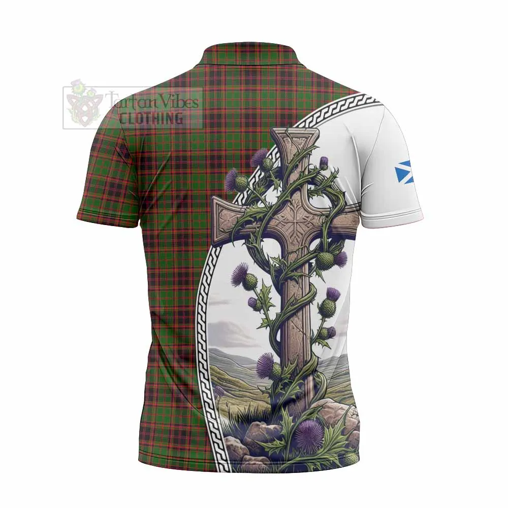 Buchan Tartan Zipper Polo Shirt with Family Crest and St. Andrew's Cross Accented by Thistle Vines