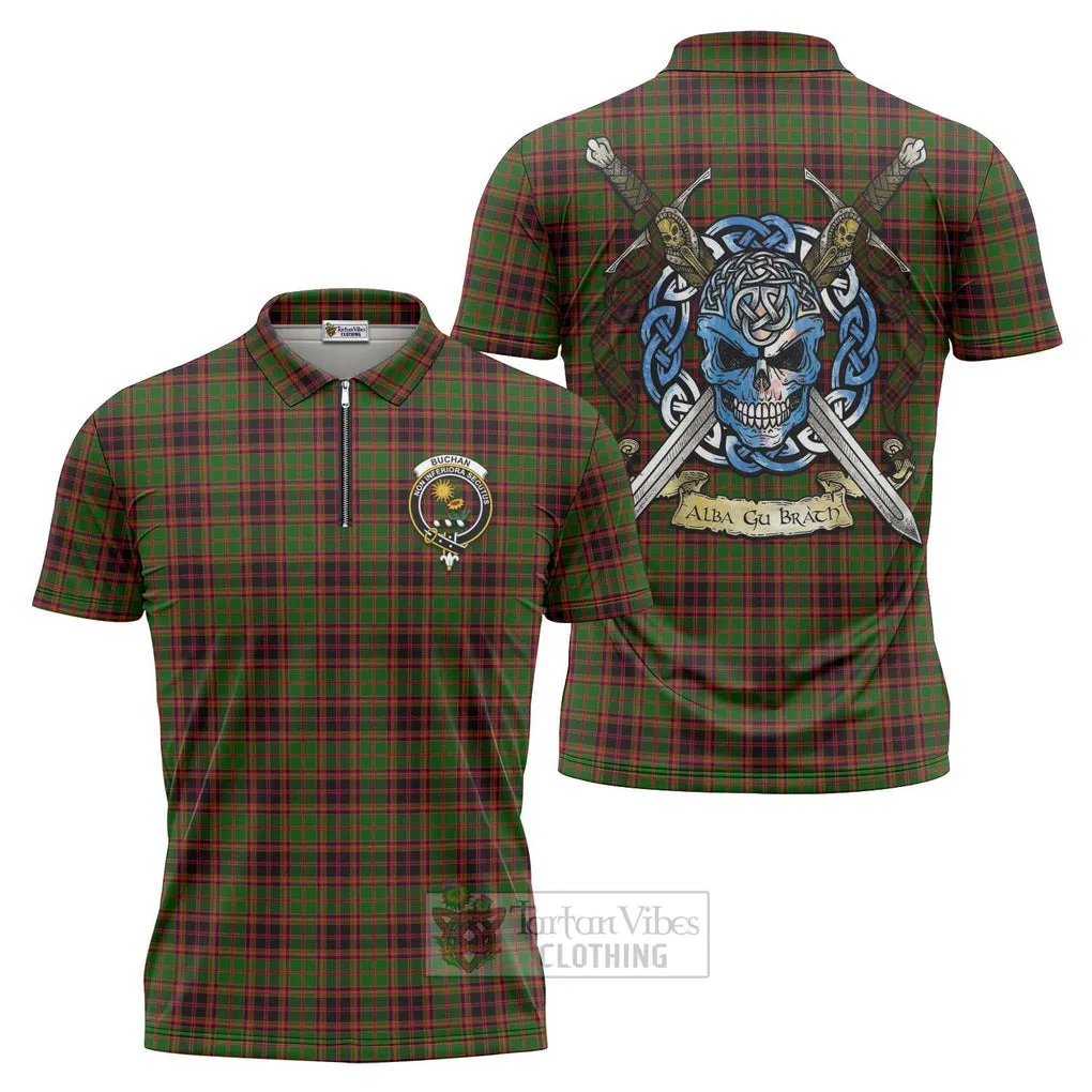 Buchan Tartan Zipper Polo Shirt with Family Crest Celtic Skull Style