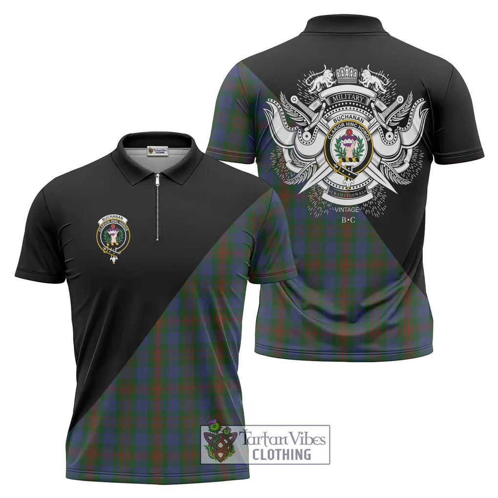 Buchanan Hunting Tartan Zipper Polo Shirt with Family Crest and Military Logo Style