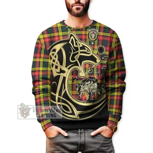 Buchanan Modern Tartan Sweatshirt with Family Crest Celtic Wolf Style