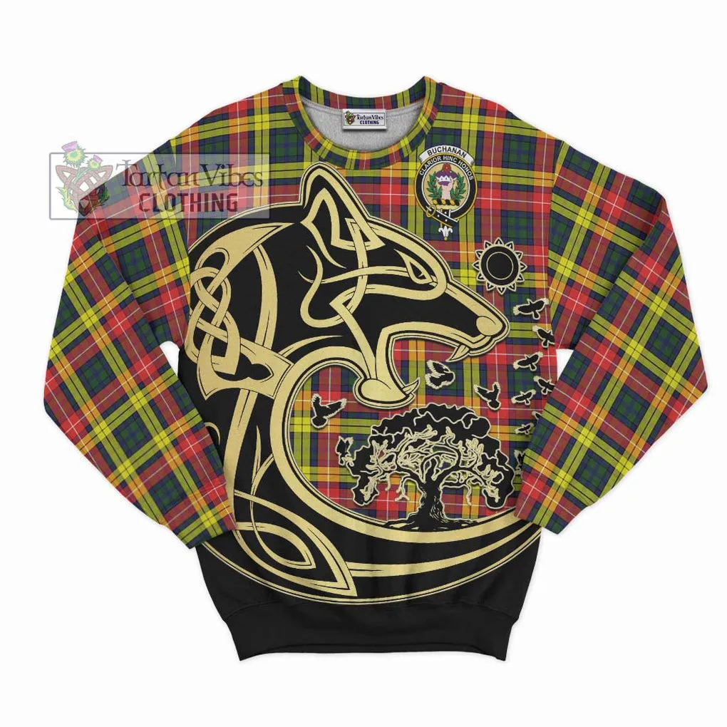 Buchanan Modern Tartan Sweatshirt with Family Crest Celtic Wolf Style