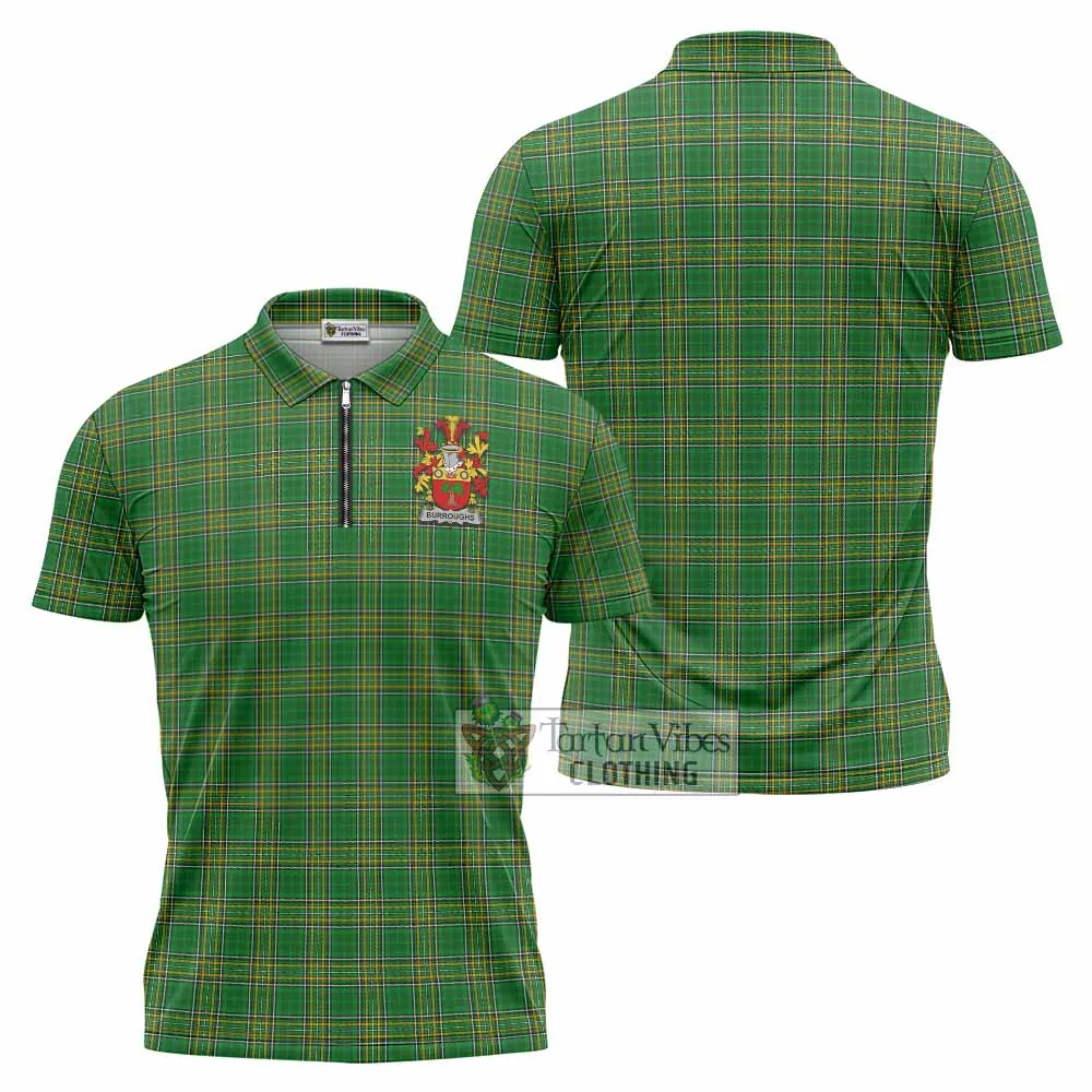 Burroughs Irish Clan Tartan Zipper Polo Shirt with Coat of Arms