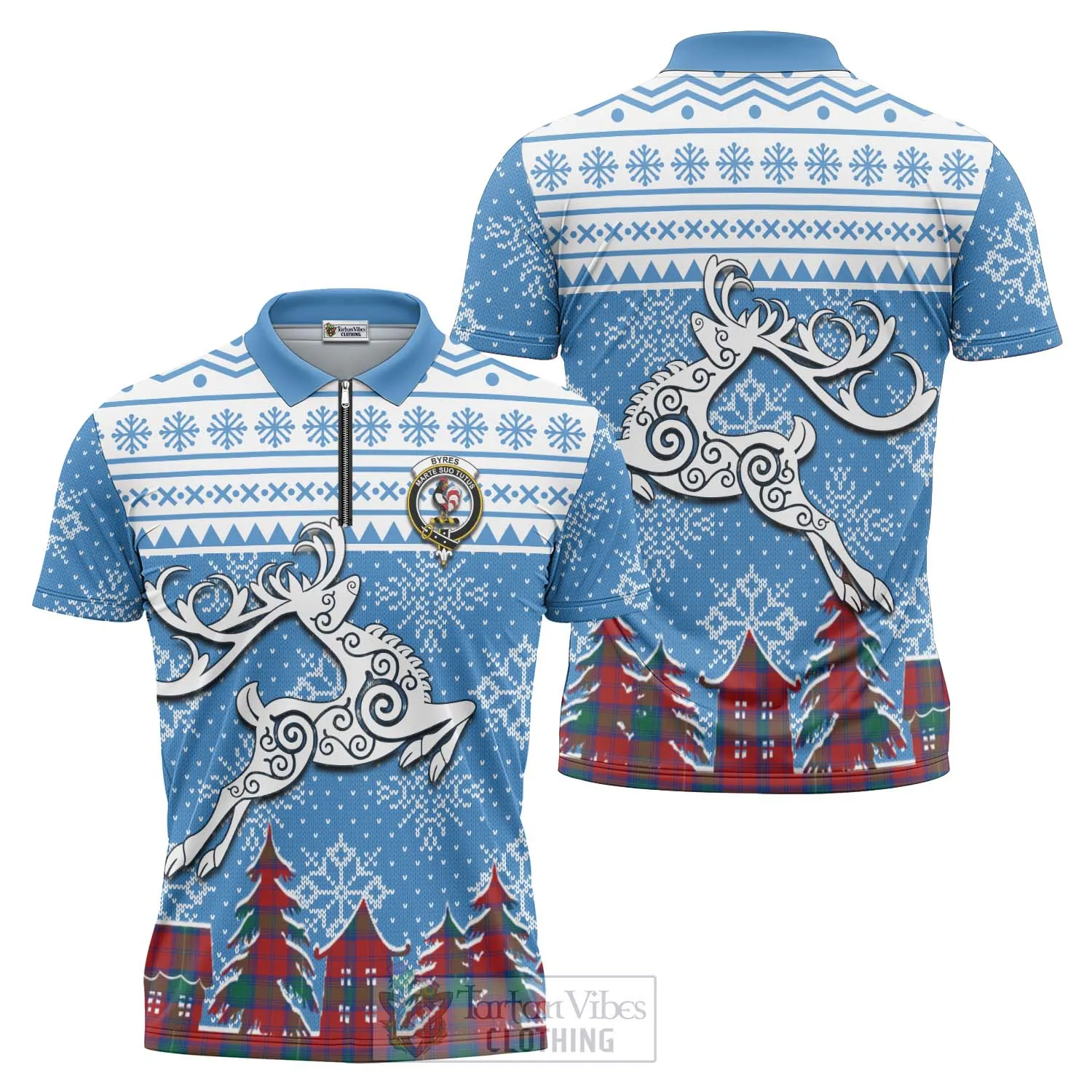 Byres (Byses) Clan Christmas Zipper Polo Shirt Celtic Reindeer Style