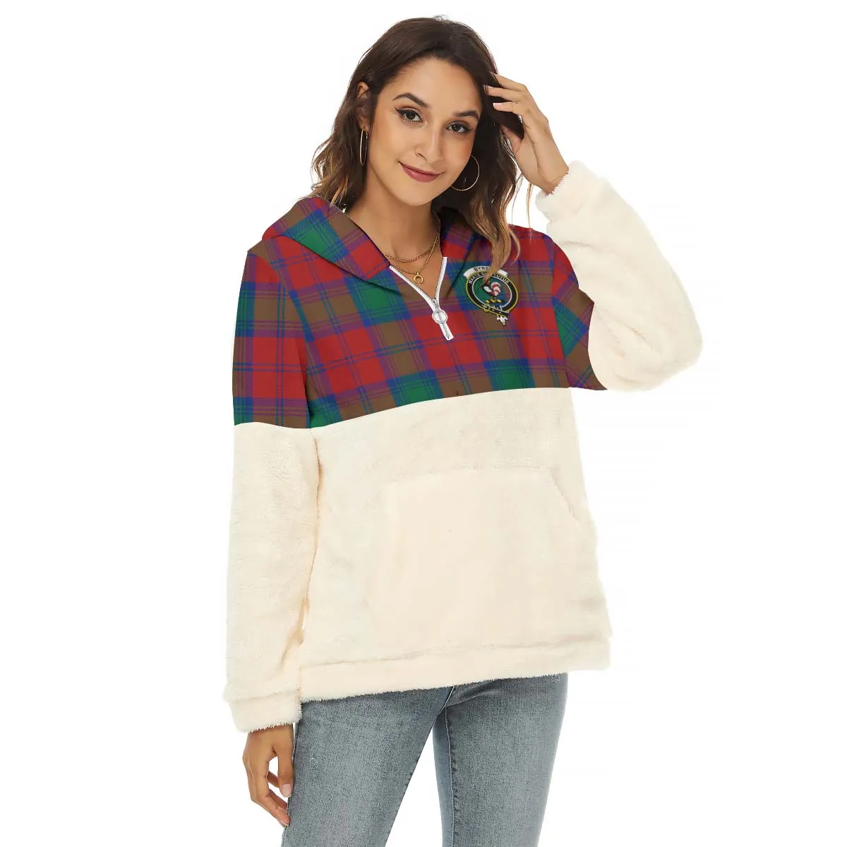 Byres (Byses) Tartan Women's Borg Fleece Hoodie With Half Zip with Family Crest