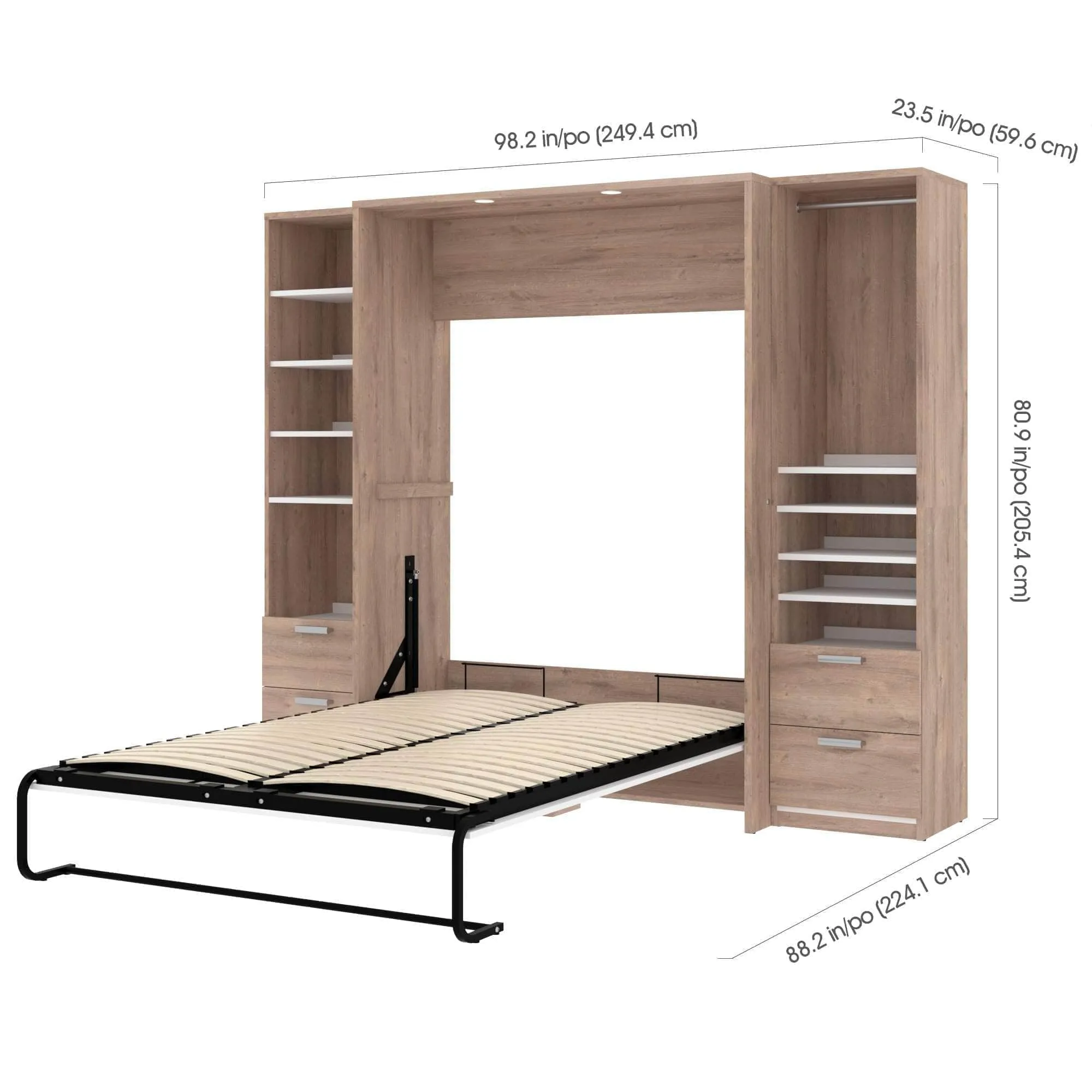 Cielo Full Murphy Wall Bed and 2 Storage Cabinets with Drawers (98W) - Available in 2 Colours