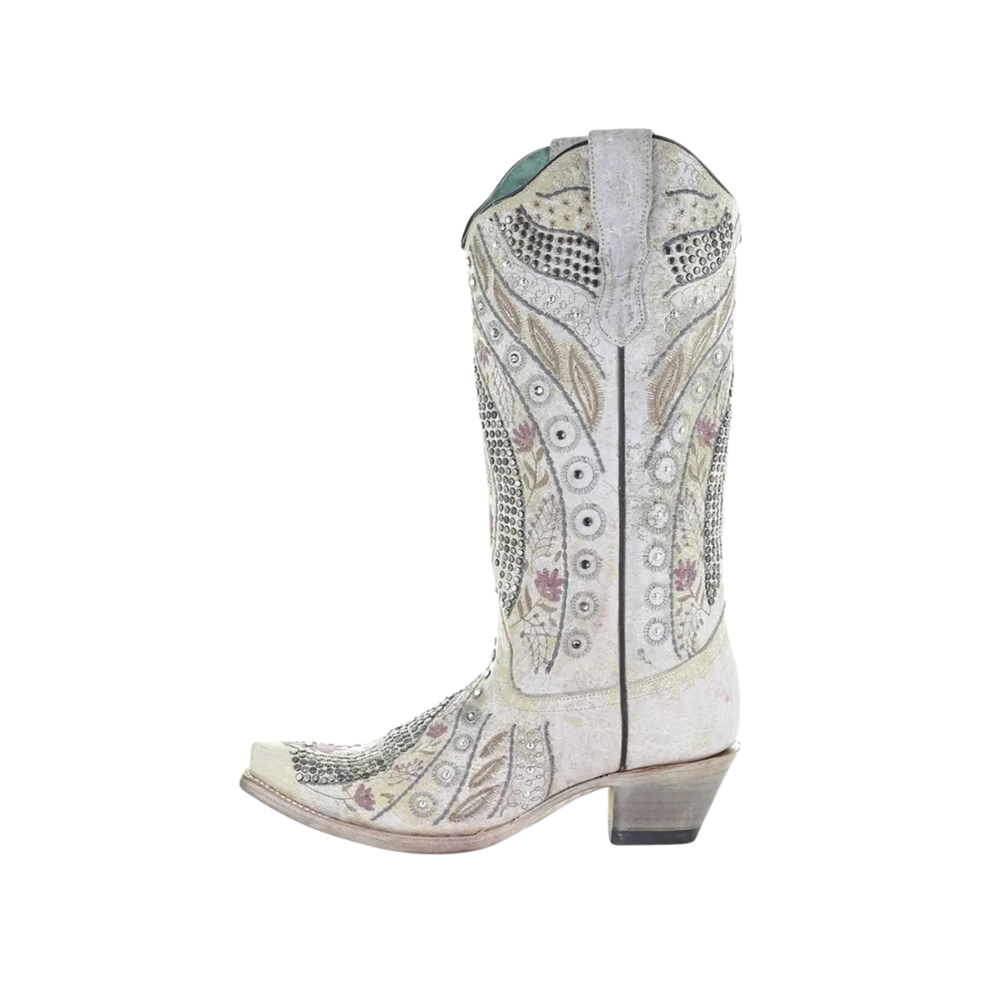 Corral Boots Women's White Floral Embroidery Studs Boots