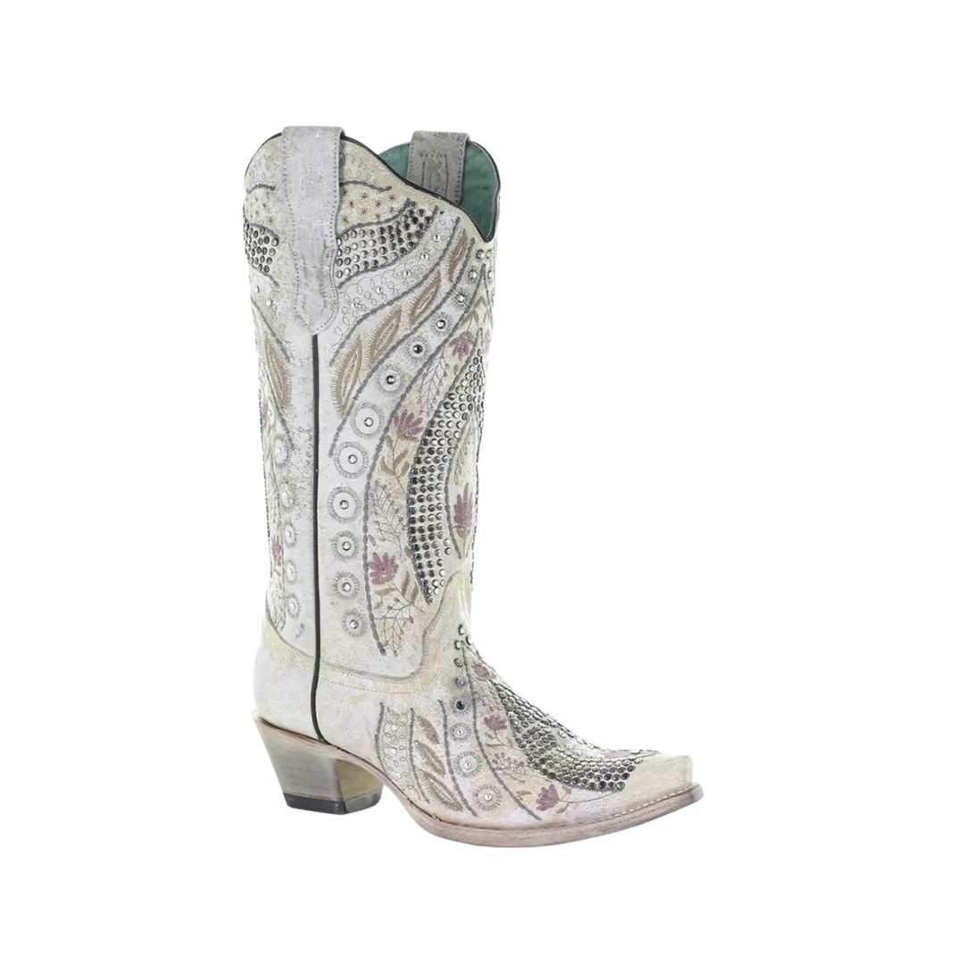 Corral Boots Women's White Floral Embroidery Studs Boots