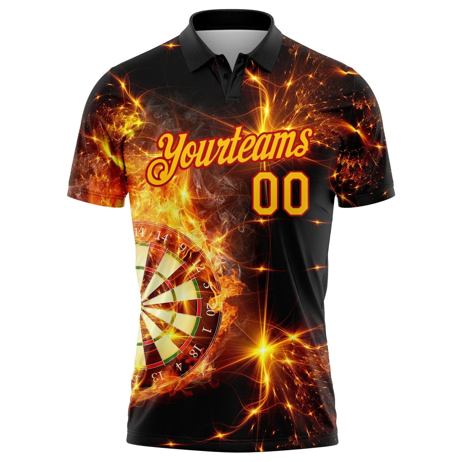 Custom Black Yellow-Red 3D Pattern Design Flame Dart Board Performance Golf Polo Shirt