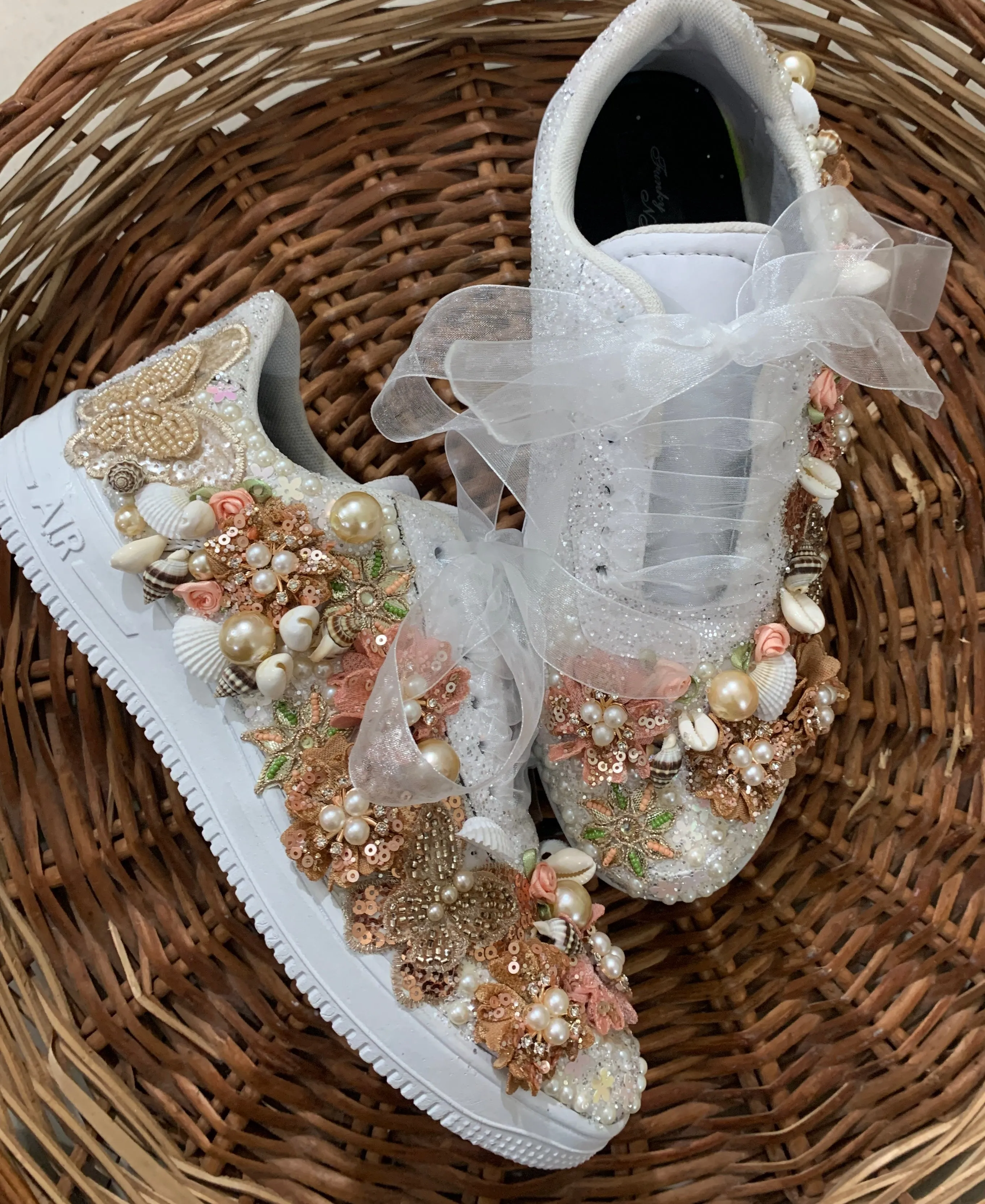 FUNKY N TRENDY peach/white floral butterfly theme sneakers with shells pearls detailing for brides / bridesmaids / bridal sneakers / bridesmaid sneakers / bridal shoes