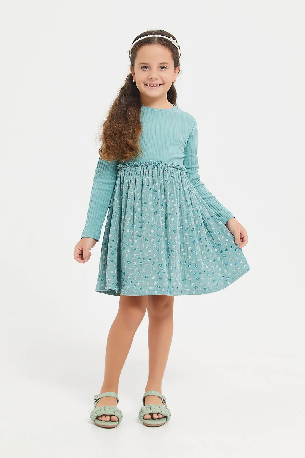 Girls Green Rib Printed Double Gauze Dress