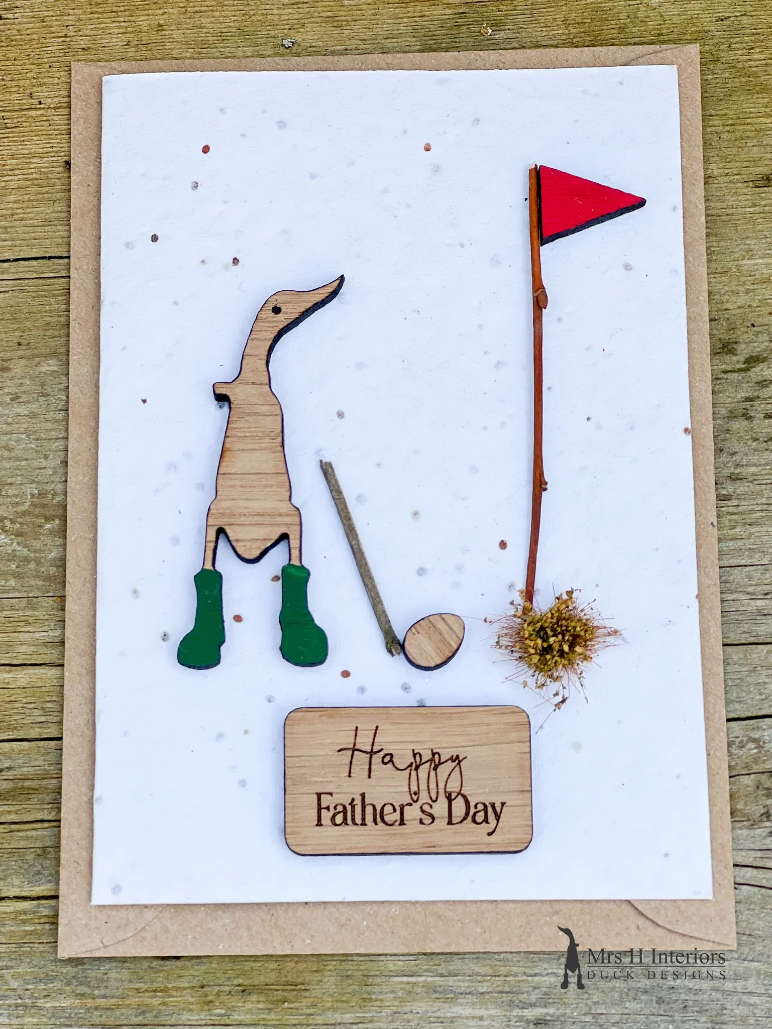 Golf - Birthday or Father’s Day Card - Decorated Wooden Duck in Boots by Mrs H the Duck Lady