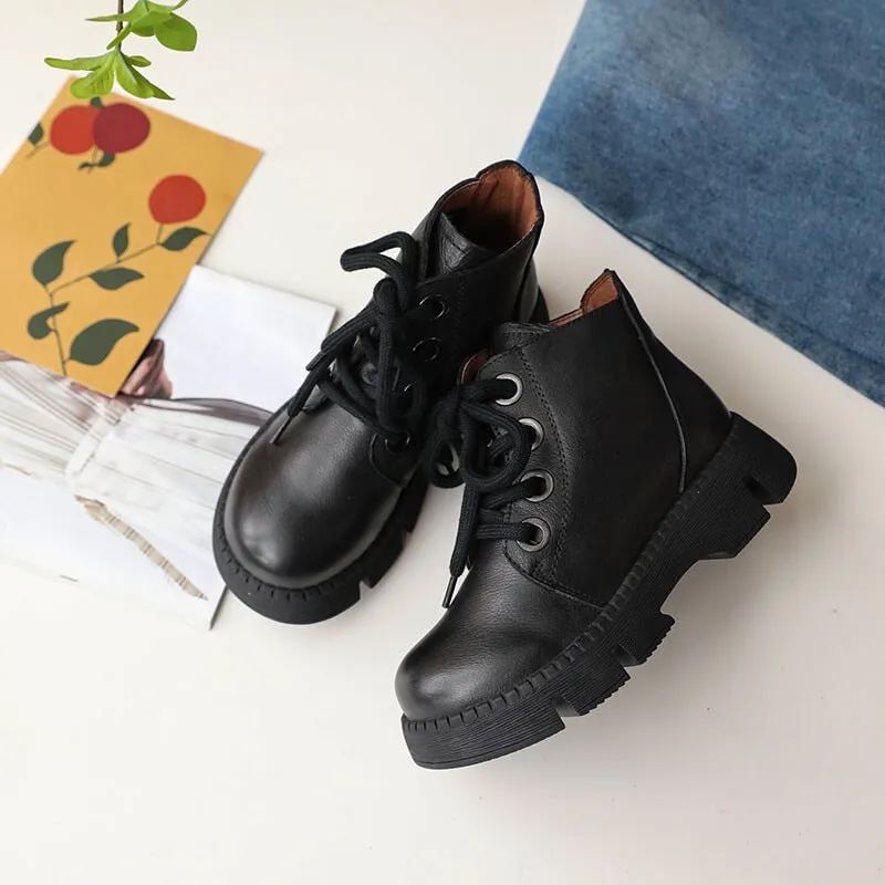 Handmade Cowhide Lace-Up Combat Boots Retro Chunky Martin Platform in Black/Brown