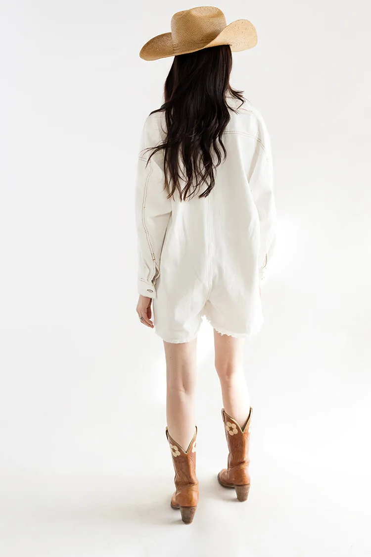 Ivory Denim Frayed Hem Romper