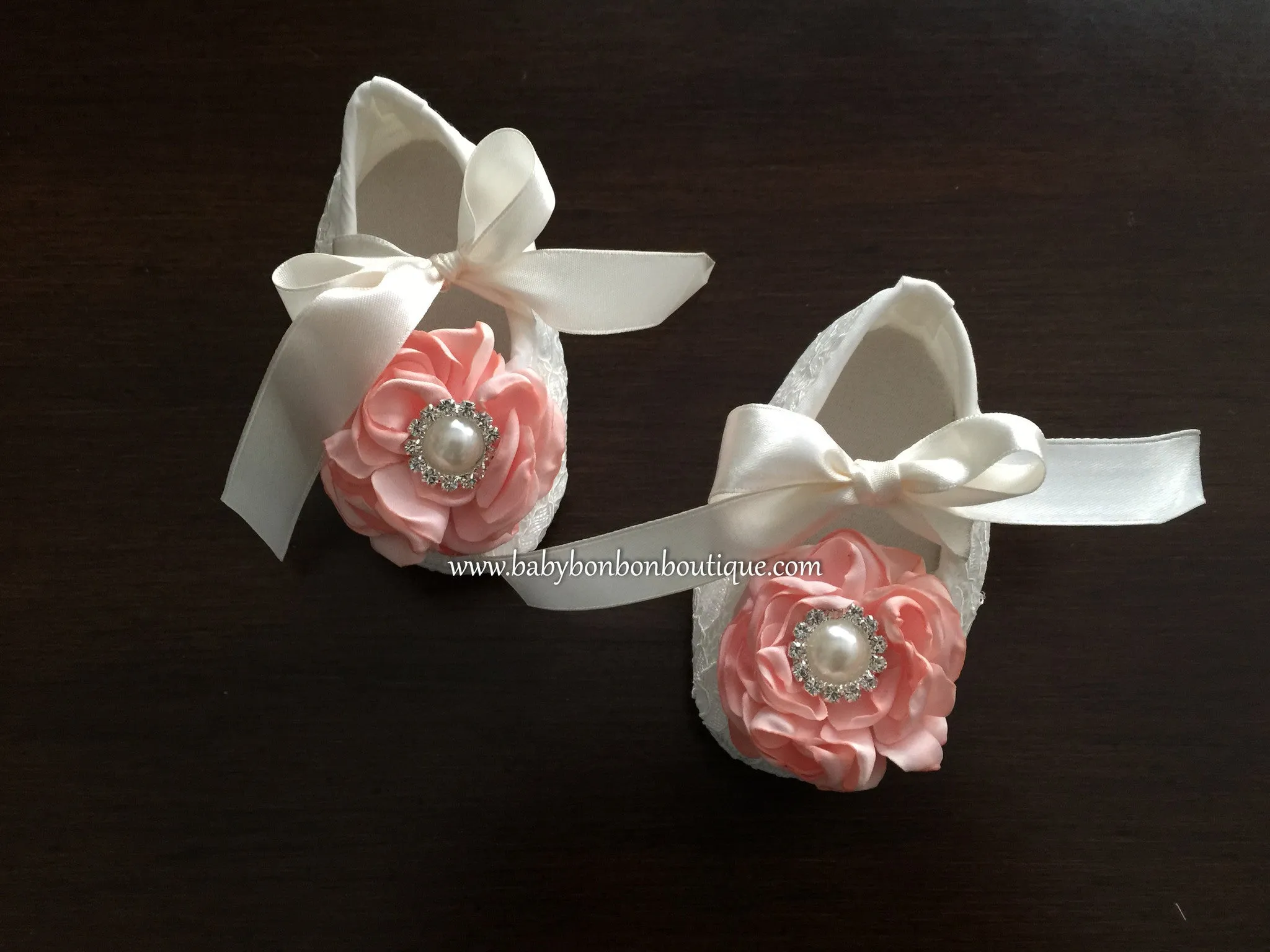 Ivory Lace Baptism Crib Shoes, Flowers & Rhinestones