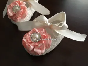 Ivory Lace Baptism Crib Shoes, Flowers & Rhinestones