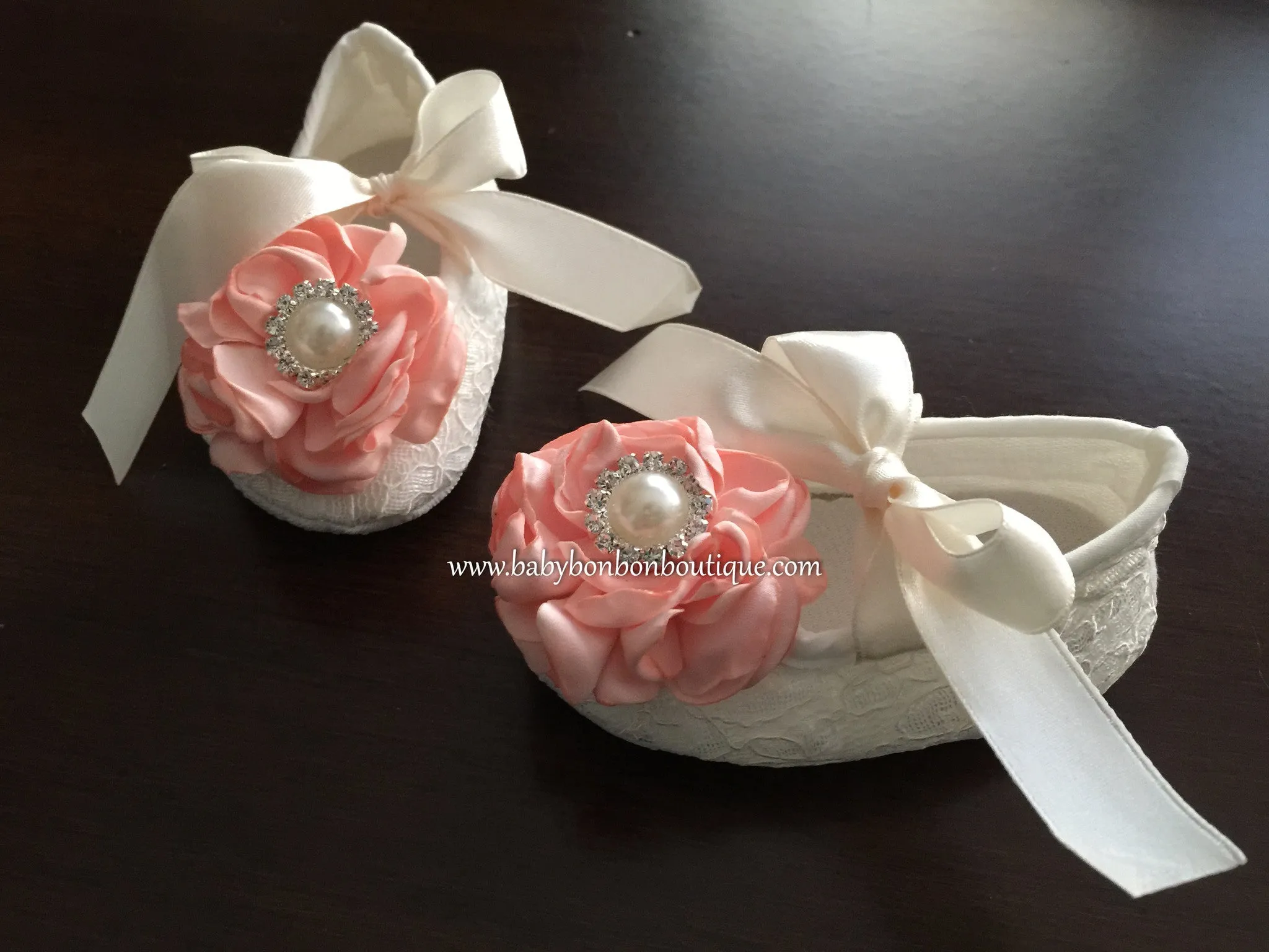 Ivory Lace Baptism Crib Shoes, Flowers & Rhinestones