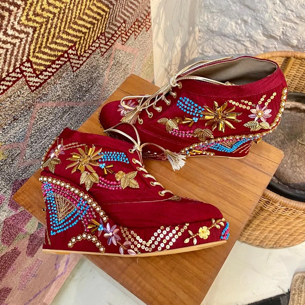 Maroon Stone Studded Bridal Sneaker Wedges - Customized Wedding Shoes