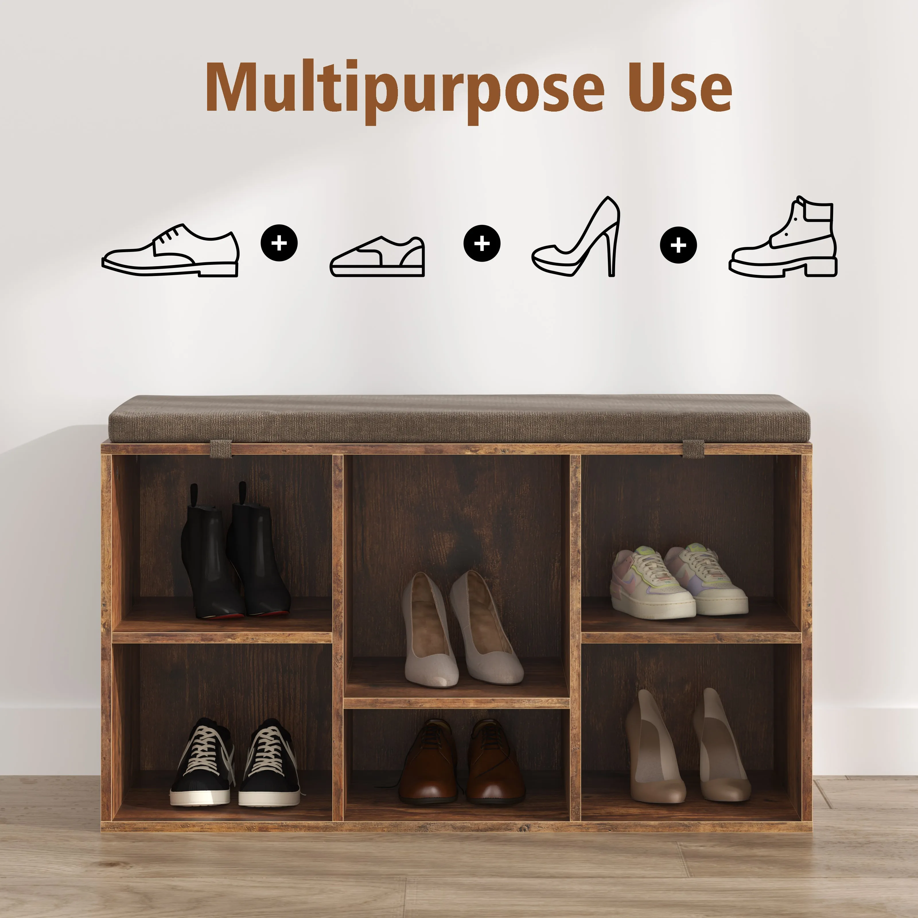 Multi-Functional Shoe Storage Bench with Padded Seat and 6 Cubbies