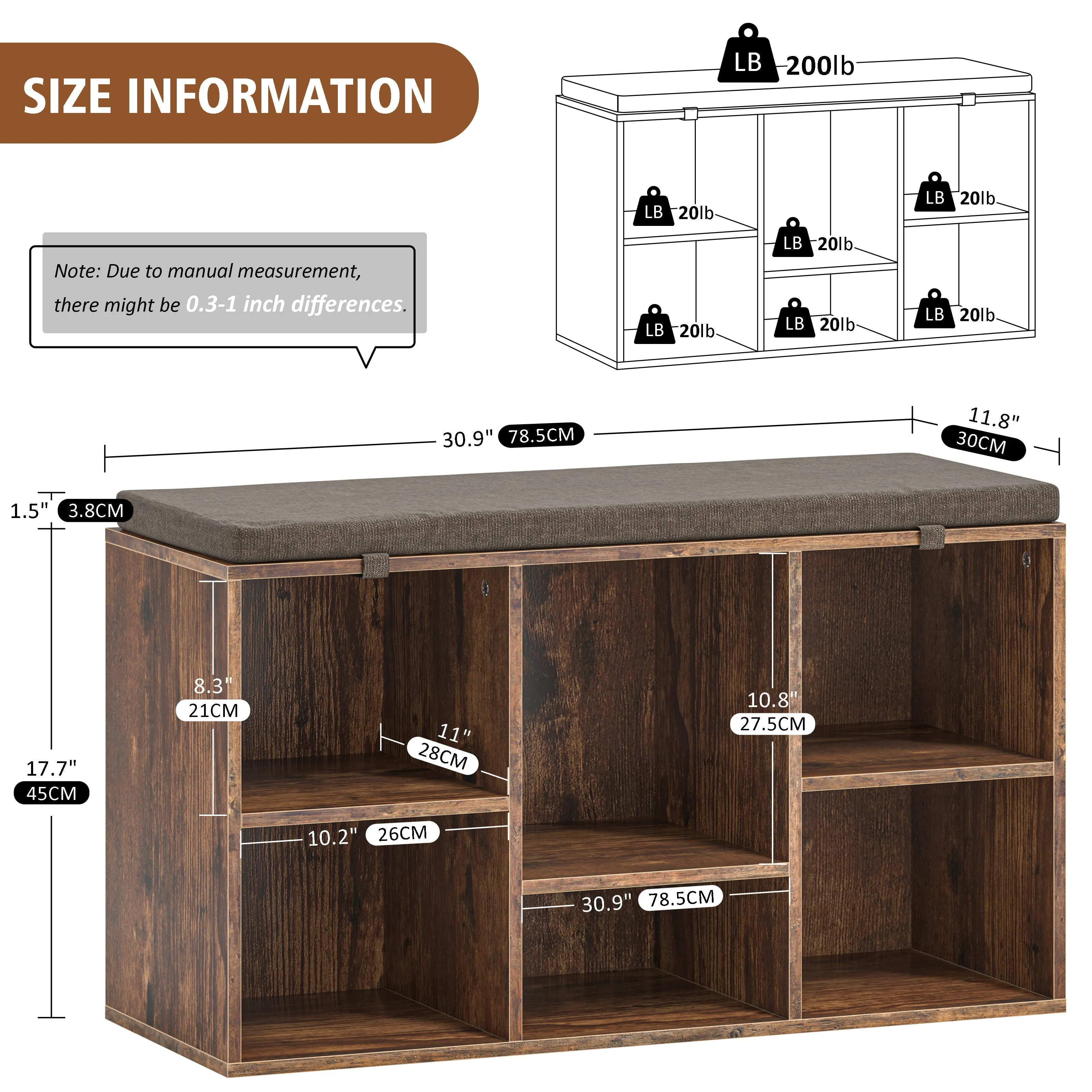 Multi-Functional Shoe Storage Bench with Padded Seat and 6 Cubbies