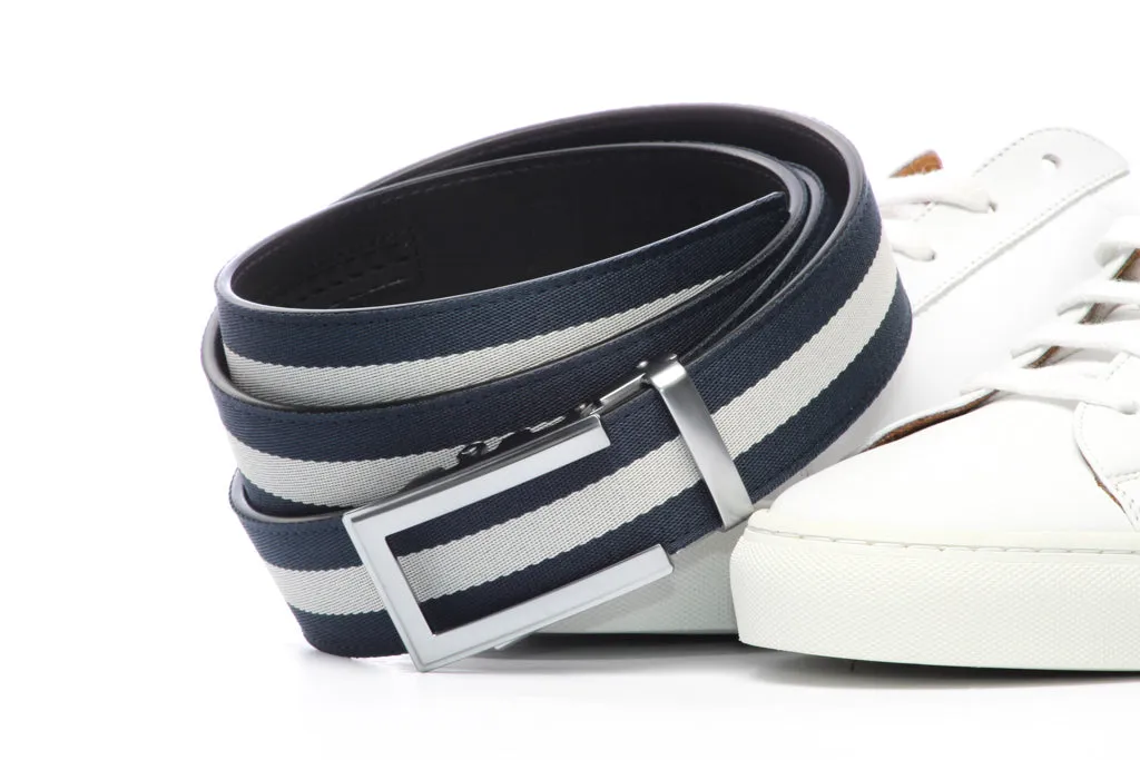 Navy w/White Stripe Cloth Strap with Traditional in Silver Buckle (1.5")