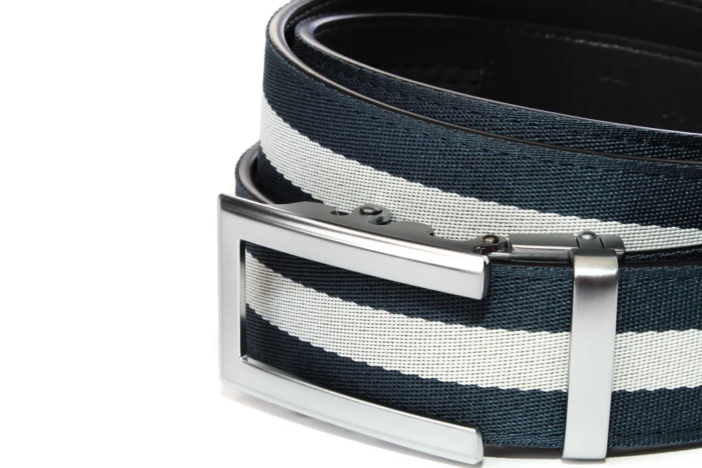 Navy w/White Stripe Cloth Strap with Traditional in Silver Buckle (1.5")