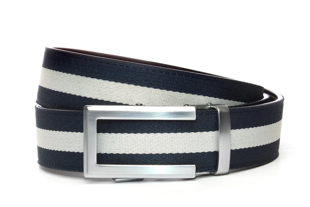 Navy w/White Stripe Cloth Strap with Traditional in Silver Buckle (1.5")