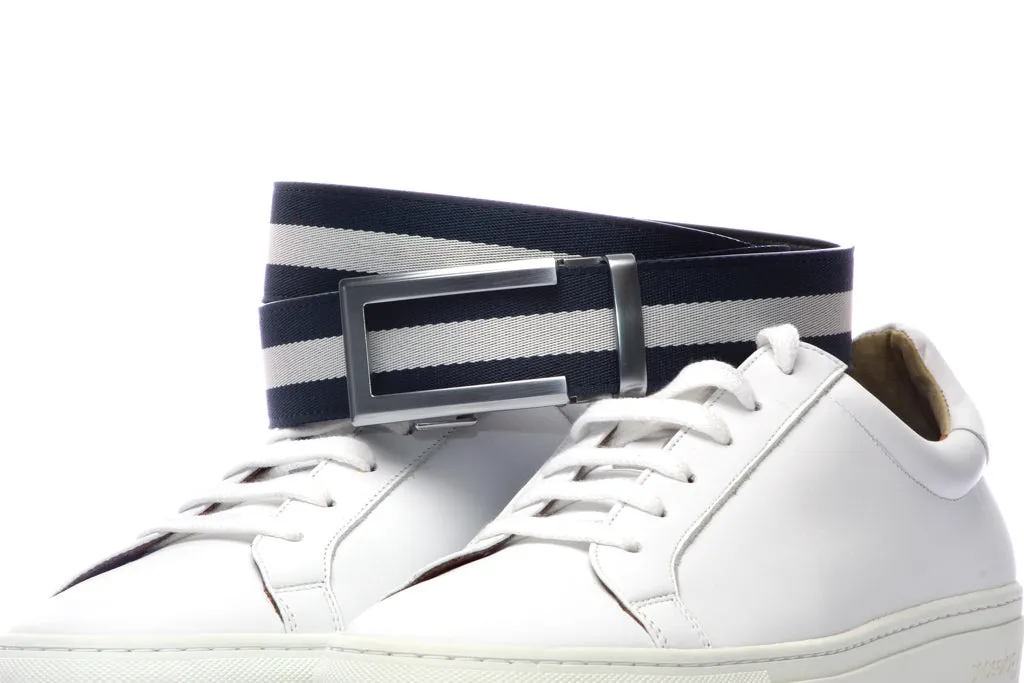 Navy w/White Stripe Cloth Strap with Traditional in Silver Buckle (1.5")