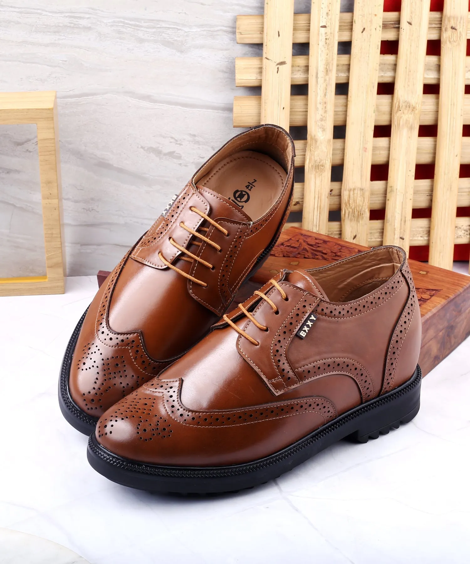 New Latest Men's 3.5 Inch Hidden Height Increasing Vegan Leather Brogue Shoes