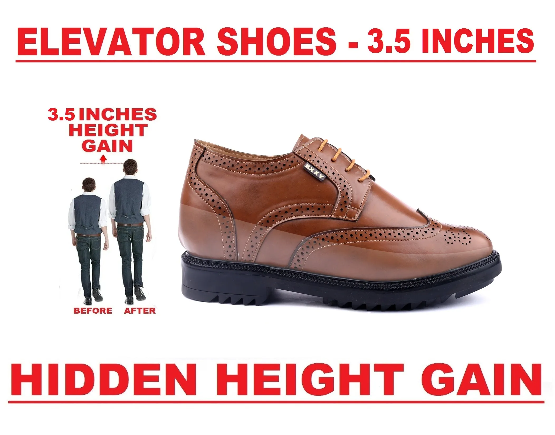 New Latest Men's 3.5 Inch Hidden Height Increasing Vegan Leather Brogue Shoes