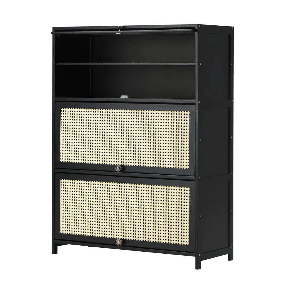 Oikiture Shoe Storage Cabinet 3 Flip-up Rattan Doors