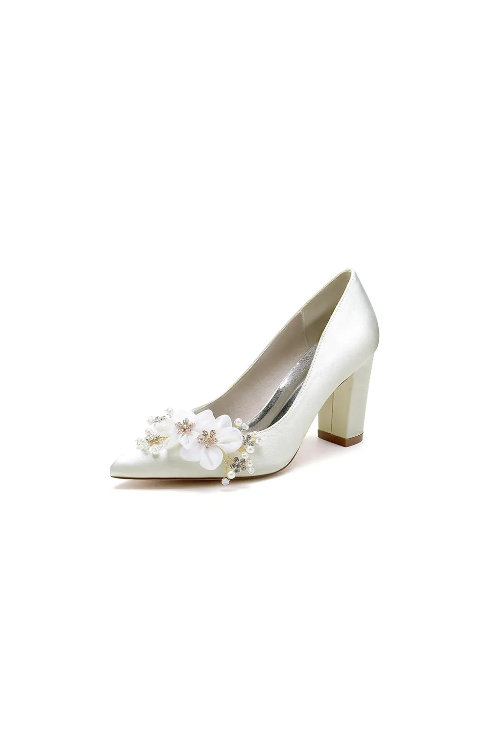 Pointed Toe White Rhinestone Chunky Heels with Flower