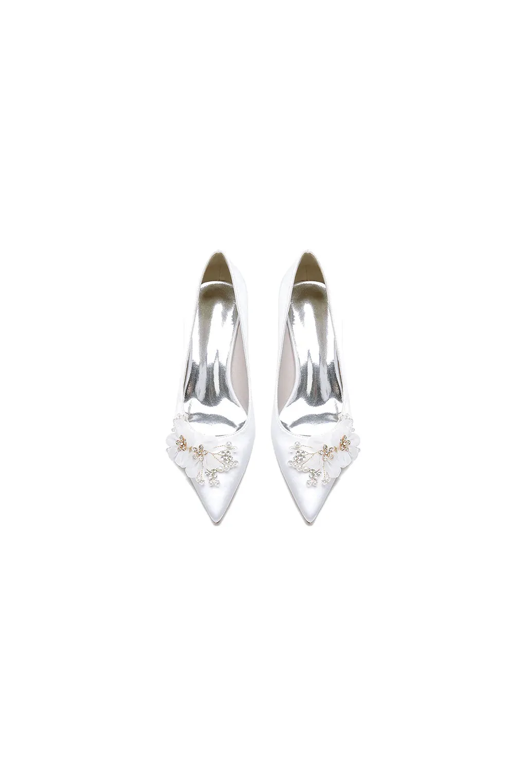 Pointed Toe White Rhinestone Chunky Heels with Flower