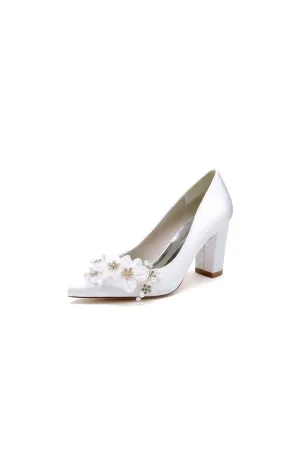 Pointed Toe White Rhinestone Chunky Heels with Flower