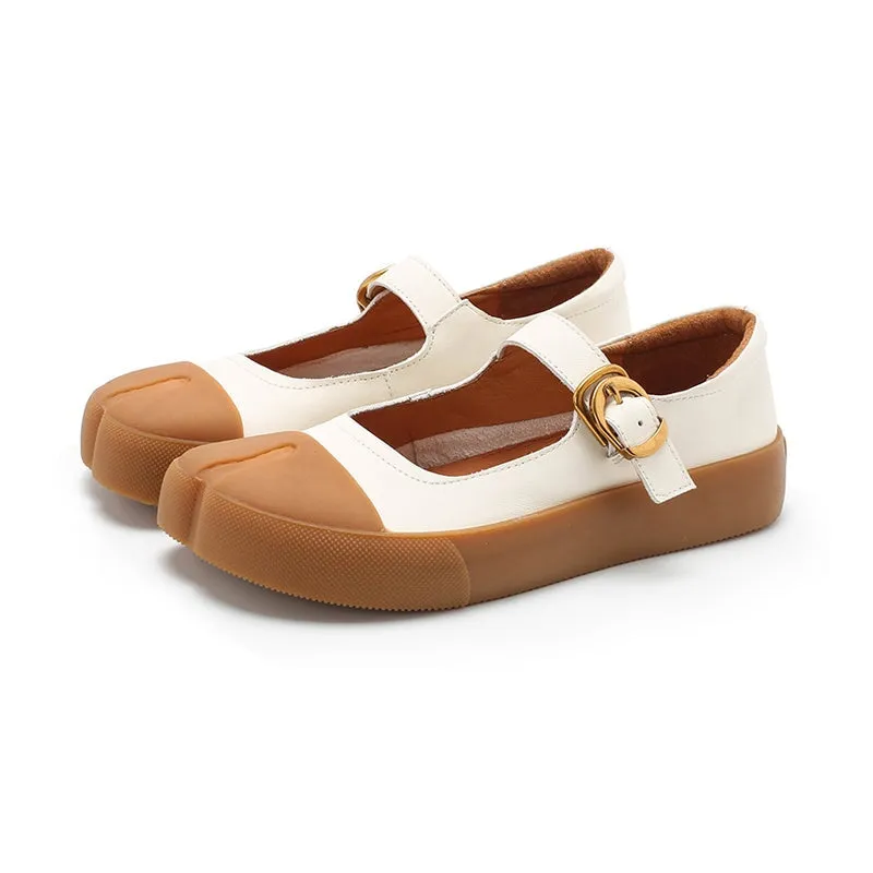 Retro Leather Flat Mary Jane Shoes For Women Round Toe Black/Apricot/Khaki/Beige