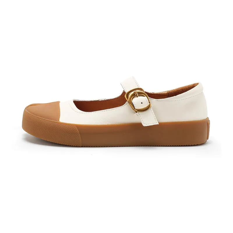 Retro Leather Flat Mary Jane Shoes For Women Round Toe Black/Apricot/Khaki/Beige