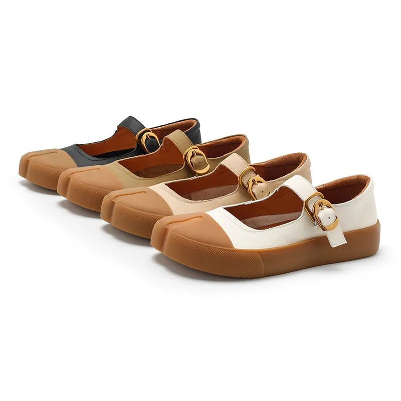 Retro Leather Flat Mary Jane Shoes For Women Round Toe Black/Apricot/Khaki/Beige