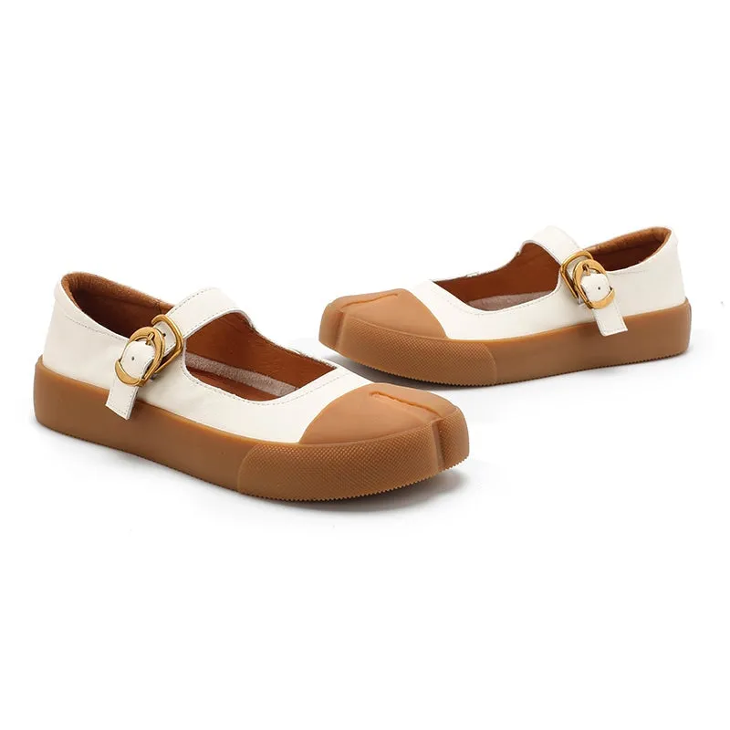 Retro Leather Flat Mary Jane Shoes For Women Round Toe Black/Apricot/Khaki/Beige