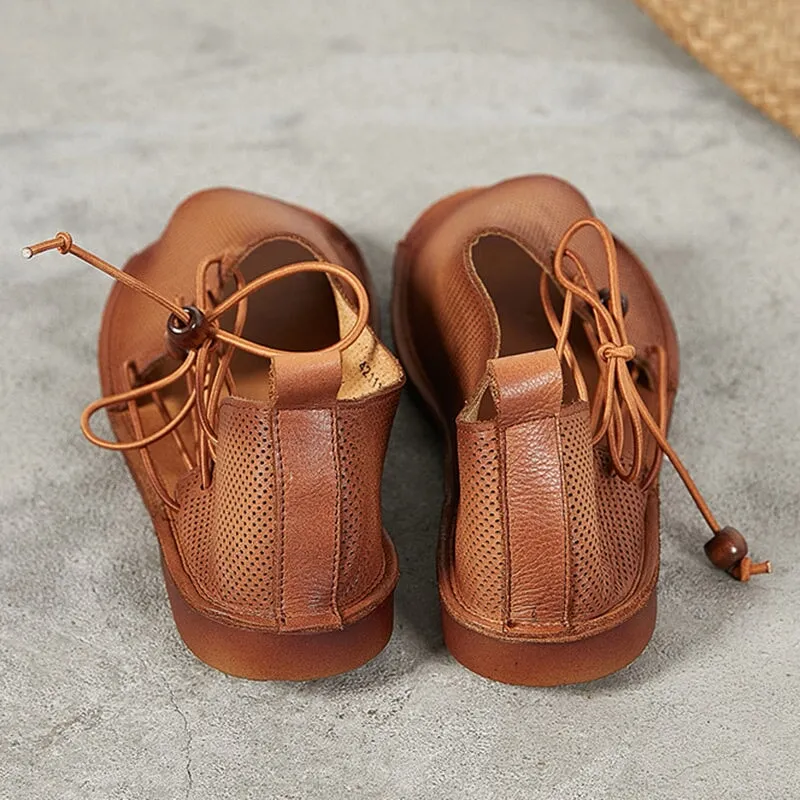 Retro Leather Sandals Soft Lace Up Open Toe Side-stitching Handmade in Brown