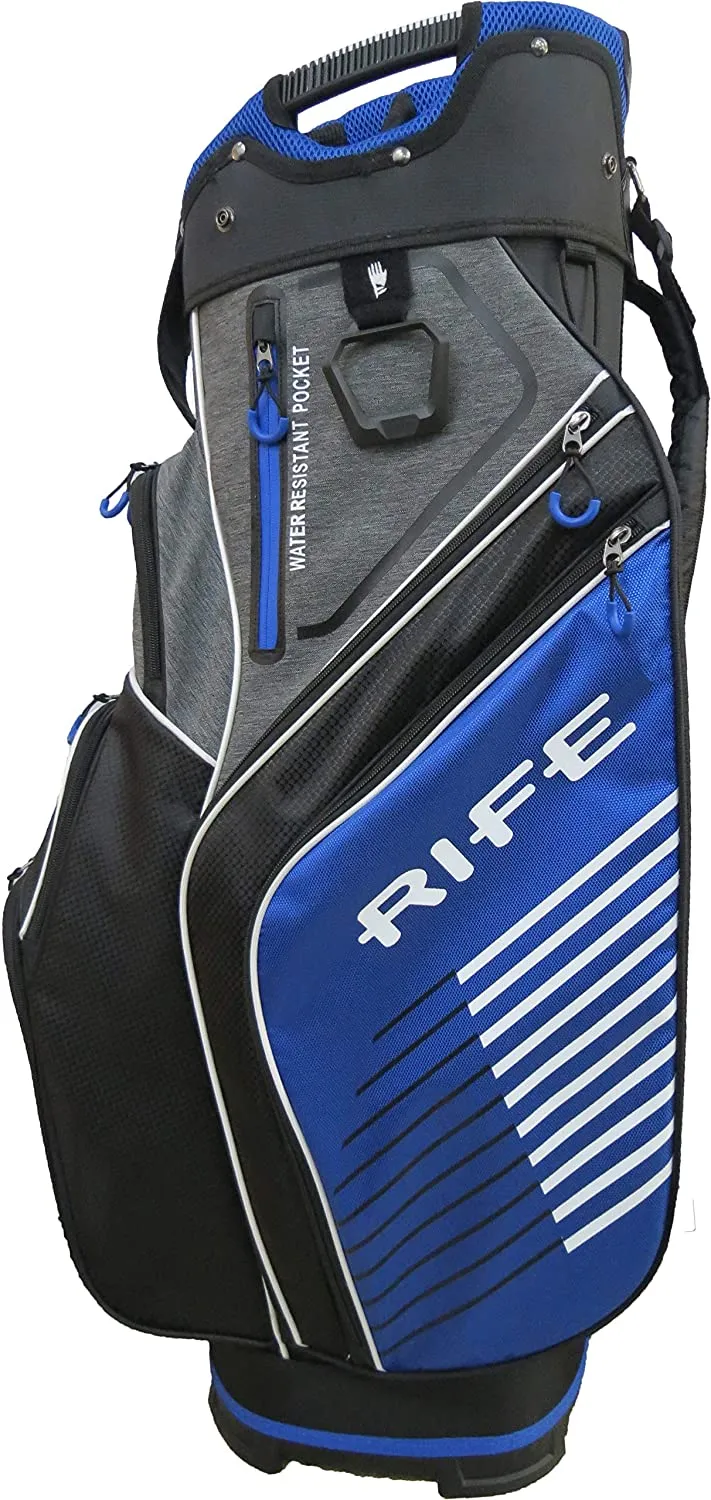 Rife Golf Premium Blue Black Gray Cart Bag 10 inch, 14-Way Friendly Separator Top