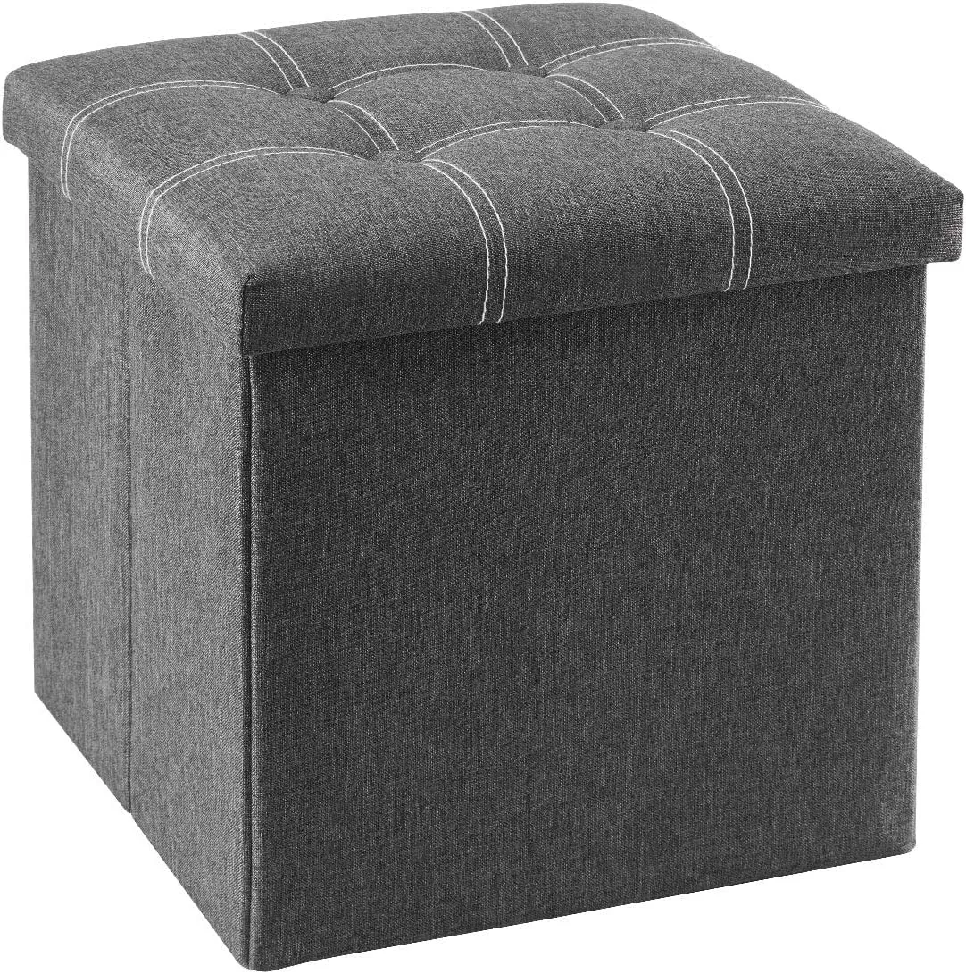 SKYFUN (LABEL) Fabric Storage Ottoman Cube, Linen Tufted Folding Ottomans with Lid, Footstool Rest Padded Seat Coffee Table for Bedroom, Living Room Hallway, Office (Large, Grey)