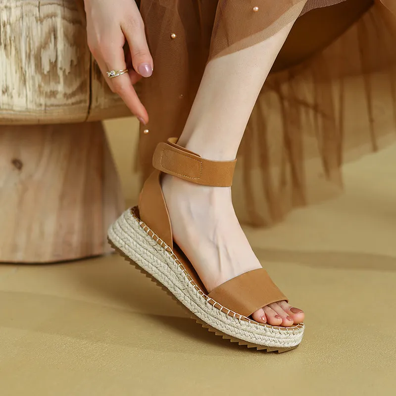 Slingback Espadrille-Wedge Leather Sandals in Beige/Brown/Khaki