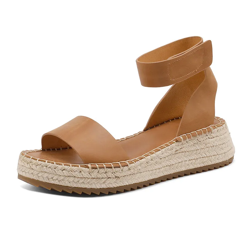 Slingback Espadrille-Wedge Leather Sandals in Beige/Brown/Khaki